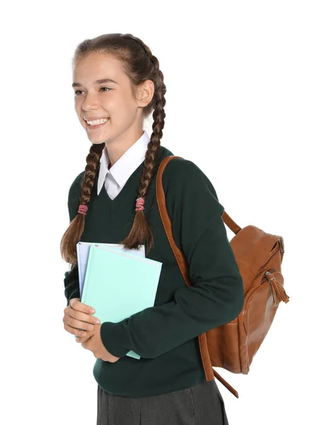 Menina Adolescente Uniforme Escolar Elegante Fundo Branco — Fotografia de Stock