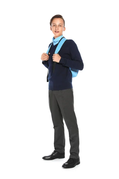 Adolescente Ragazzo Elegante Uniforme Scolastica Sfondo Bianco — Foto Stock