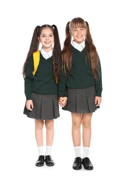 Niñas Elegante Uniforme Escolar Sobre Fondo Blanco —  Fotos de Stock