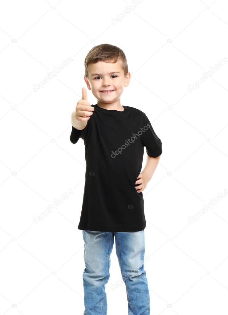 Little boy in t-shirt on white background. Mockup for design