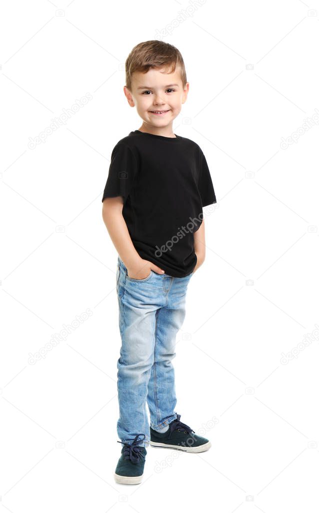 Little boy in t-shirt on white background. Mockup for design
