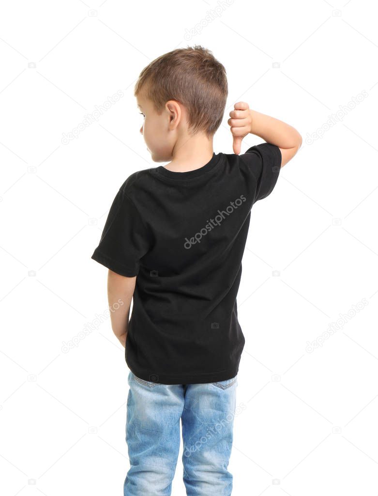 Little boy in t-shirt on white background. Mockup for design