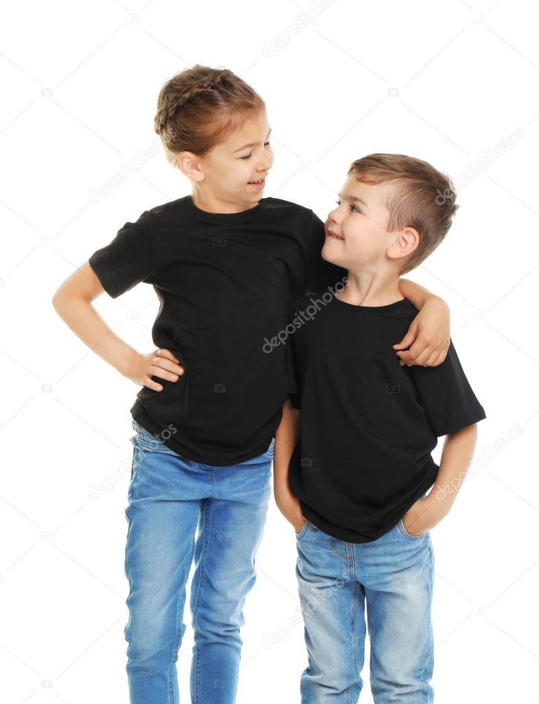 Little kids in t-shirts on white background. Mockup for design
