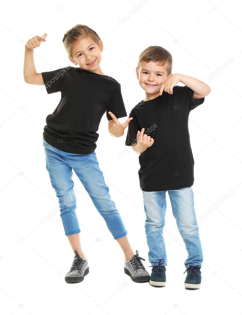 Little kids in t-shirts on white background. Mockup for design