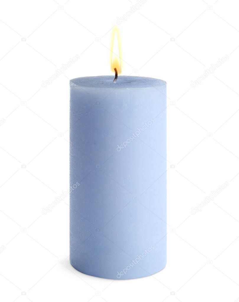 Decorative blue wax candle on white background