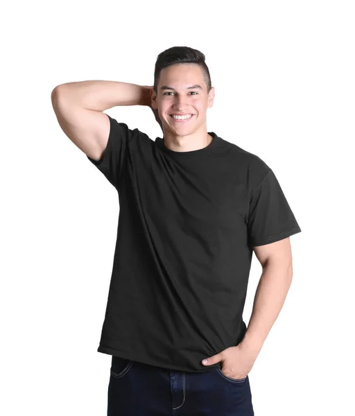 Hombre Joven Camiseta Negra Sobre Fondo Blanco Burla Para Diseño — Foto de Stock