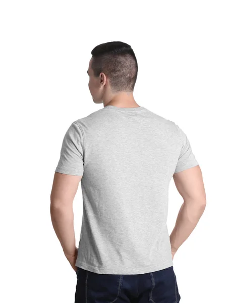 Νεαρός Άνδρας Γκρι Shirt Άσπρο Φόντο Κοροϊδεύω Για Σχεδίαση — Φωτογραφία Αρχείου