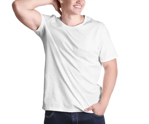 Ung Man Shirt Vit Bakgrund Mockup För Design — Stockfoto