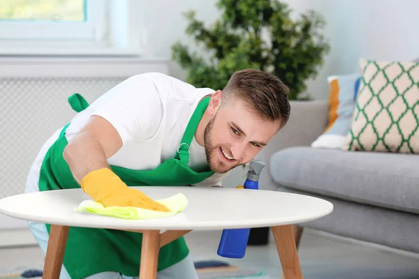 Young Man Cleaning Table Rag Indoors — Stock Photo, Image