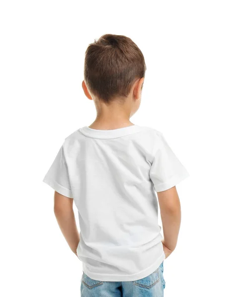 Liten Pojke Shirt Vit Bakgrund Mockup För Design — Stockfoto