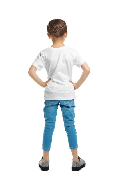 Petite Fille Shirt Sur Fond Blanc Maquette Pour Design — Photo