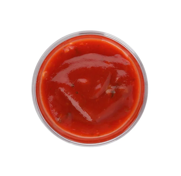 Glass Spicy Chili Sauce White Background Top View — Stock Photo, Image