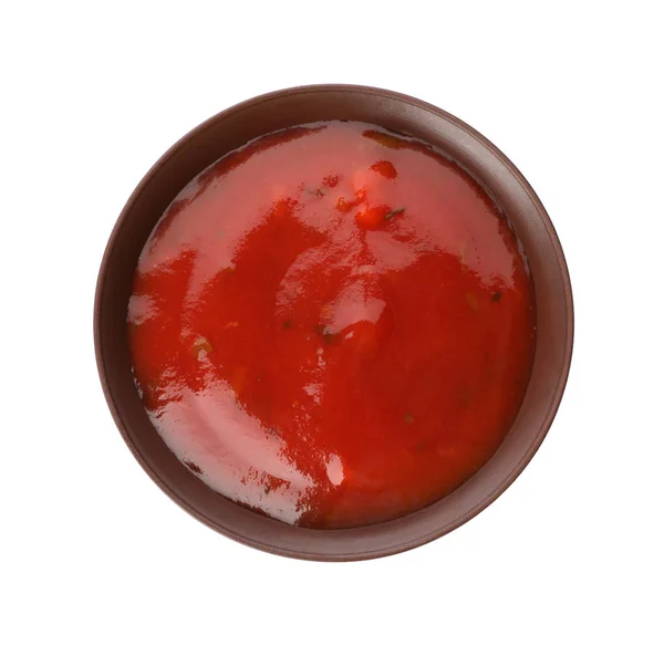 Cuenco Salsa Picante Chile Sobre Fondo Blanco Vista Superior — Foto de Stock