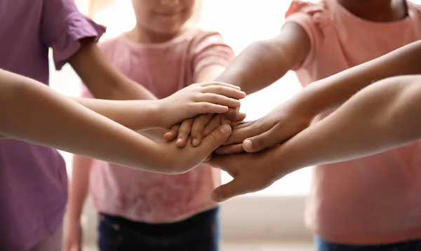 Little Children Putting Hands Together Closeup Unity Concept — Stock Photo, Image