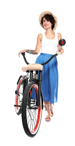 Retrato Una Hermosa Joven Con Bicicleta Sobre Fondo Blanco — Foto de Stock