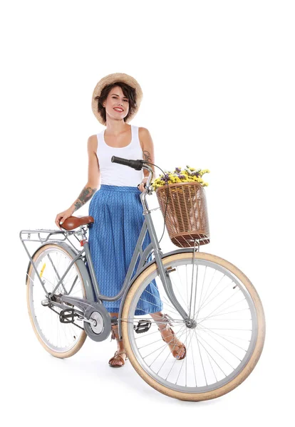 Portrait Belle Jeune Femme Avec Vélo Sur Fond Blanc — Photo