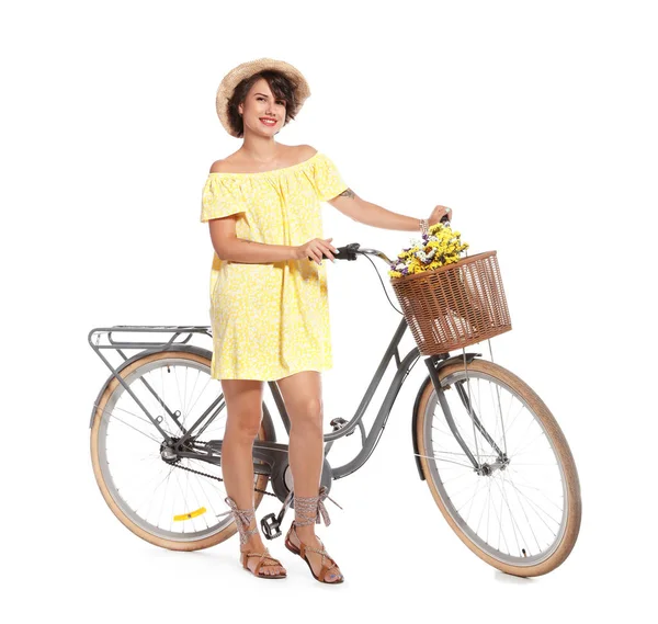 Retrato Una Hermosa Joven Con Bicicleta Sobre Fondo Blanco —  Fotos de Stock