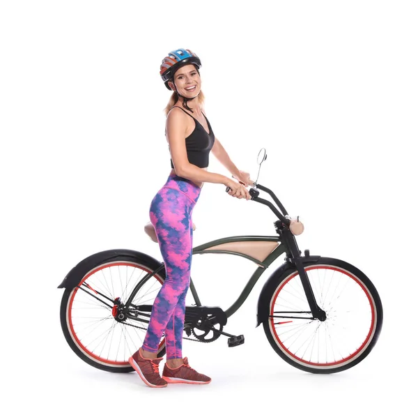 Retrato Mujer Deportiva Con Bicicleta Sobre Fondo Blanco —  Fotos de Stock