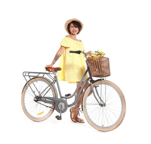 Retrato Bela Jovem Com Bicicleta Fundo Branco — Fotografia de Stock