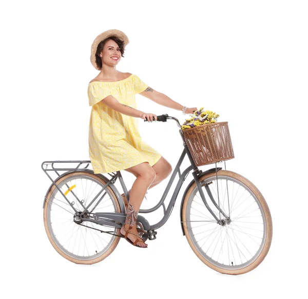 Портрет Красивої Молодої Жінки Велосипедом Білому Тлі — стокове фото