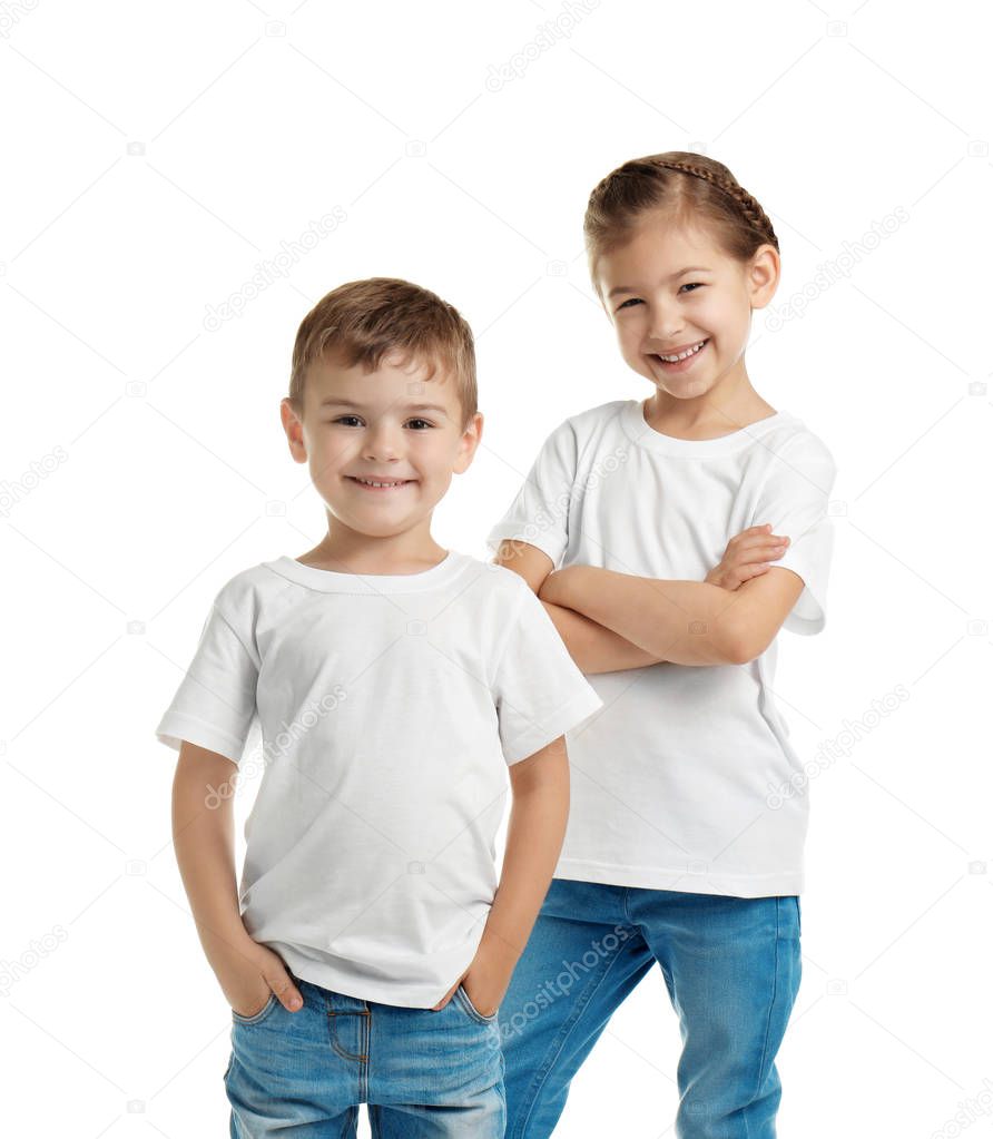 Little kids in t-shirts on white background. Mockup for design