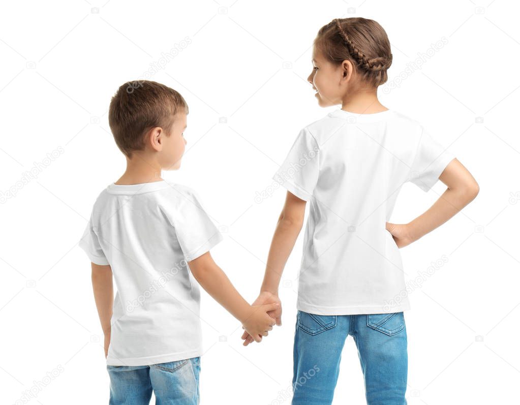 Little kids in t-shirts on white background. Mockup for design