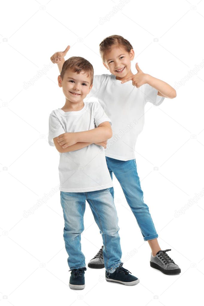 Little kids in t-shirts on white background. Mockup for design
