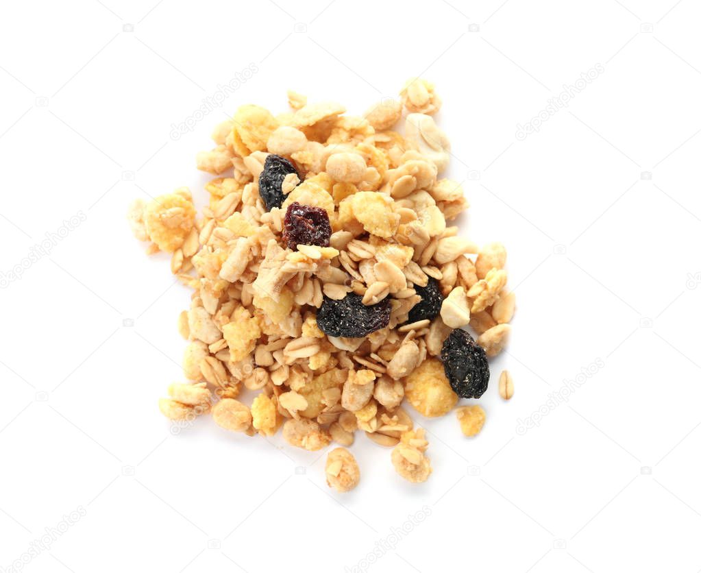 Muesli with raisins on white background. Healthy grains and cereals