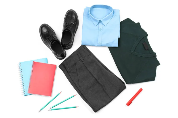 Stijlvolle School Uniform Briefpapier Witte Achtergrond Bovenaanzicht — Stockfoto