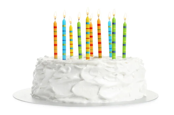 Beyaz Arka Plan Üzerinde Mumlarla Doğum Günü Pastası — Stok fotoğraf