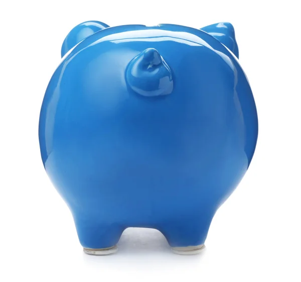 Blauwe Piggy Bank Witte Achtergrond Geld Besparing — Stockfoto