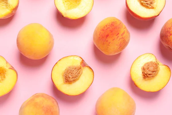 Flat Lay Composition Ripe Peaches Color Background — Stock Photo, Image