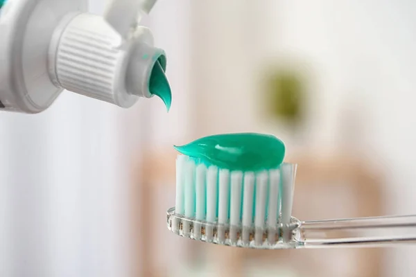 Applying Paste Toothbrush Blurred Background Closeup — Stock Photo, Image