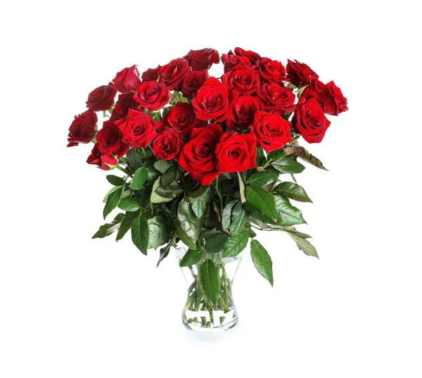 Florero Con Hermosas Rosas Rojas Sobre Fondo Blanco —  Fotos de Stock