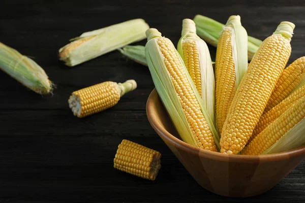 Bowl Tasty Sweet Corn Cobs Table Closeup — Stock Photo, Image