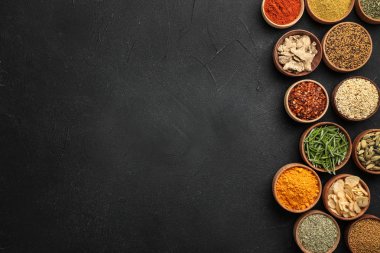 Koyu arka plan üzerinde farklı Aromatik baharatlar ile düz yatıyordu kompozisyon