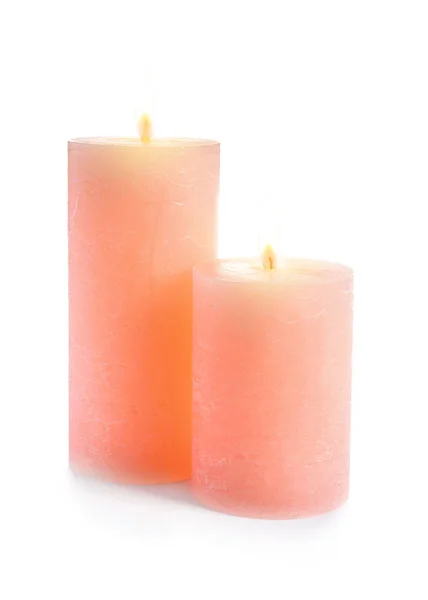Дві Декоративні Рожеві Воскові Свічки Білому Тлі — стокове фото