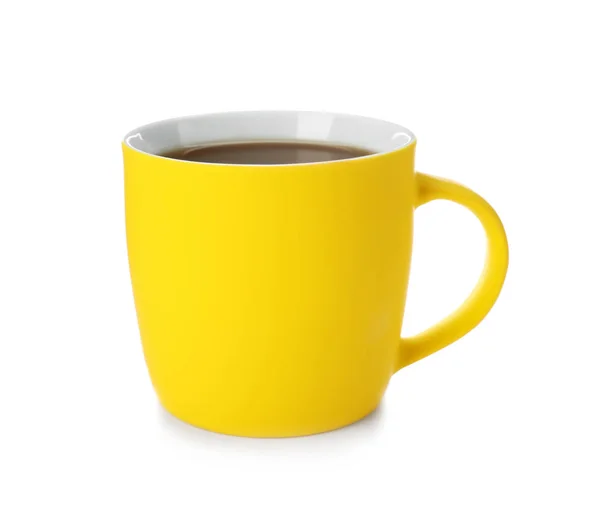 Tasse Céramique Jaune Avec Café Aromatique Chaud Sur Fond Blanc — Photo