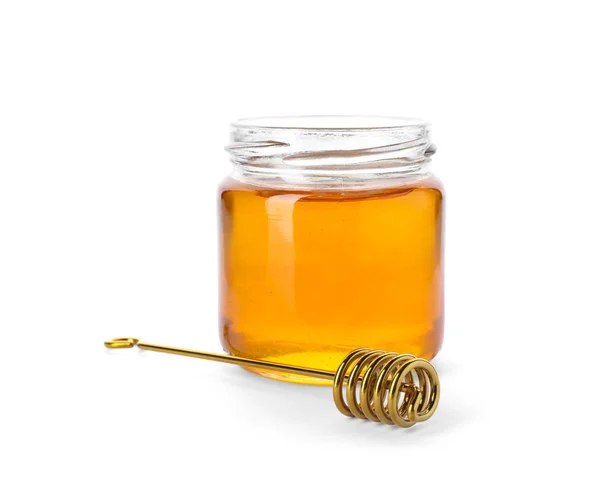 Jar Met Heerlijke Honing Beer Witte Achtergrond — Stockfoto