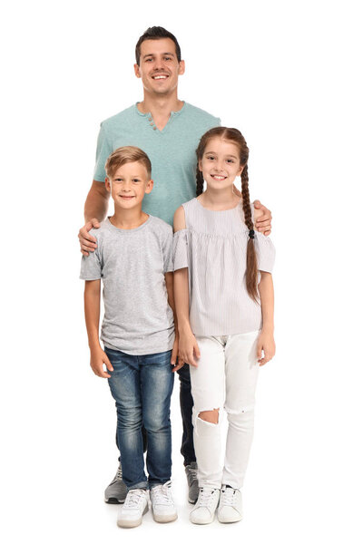 Father with children on white background. Happy family