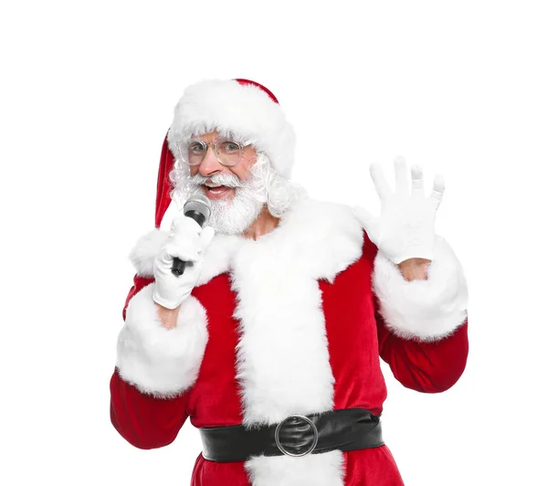 Santa Claus Zingen Microfoon Witte Achtergrond Kerstmuziek — Stockfoto