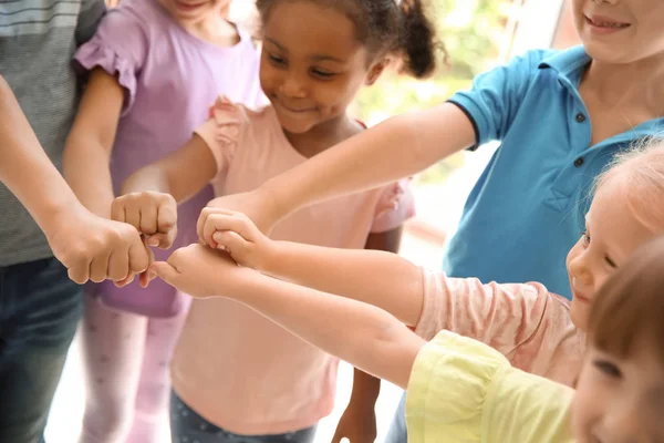 Little Children Putting Hands Together Closeup Unity Concept — Stock Photo, Image