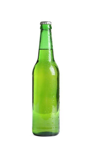 Fles Lekker Koud Biertje Witte Achtergrond — Stockfoto
