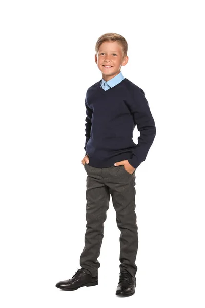 Menino Uniforme Escolar Elegante Fundo Branco — Fotografia de Stock