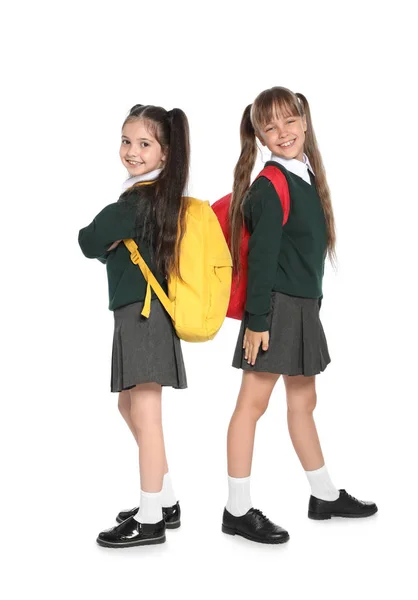 Niñas Elegante Uniforme Escolar Sobre Fondo Blanco —  Fotos de Stock