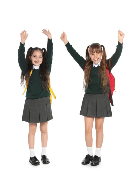 Niñas Elegante Uniforme Escolar Sobre Fondo Blanco —  Fotos de Stock