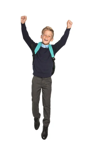 Kleiner Junge Stylischer Schuluniform Auf Weißem Hintergrund — Stockfoto