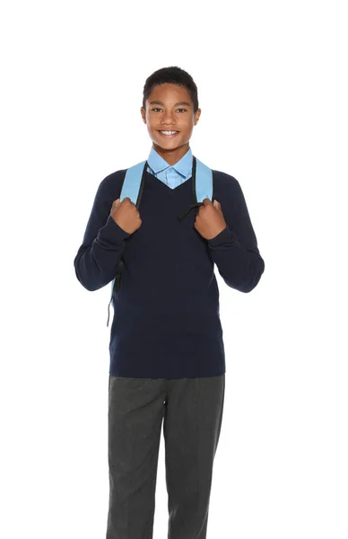 Adolescente Afroamericano Elegante Uniforme Escolar Sobre Fondo Blanco — Foto de Stock