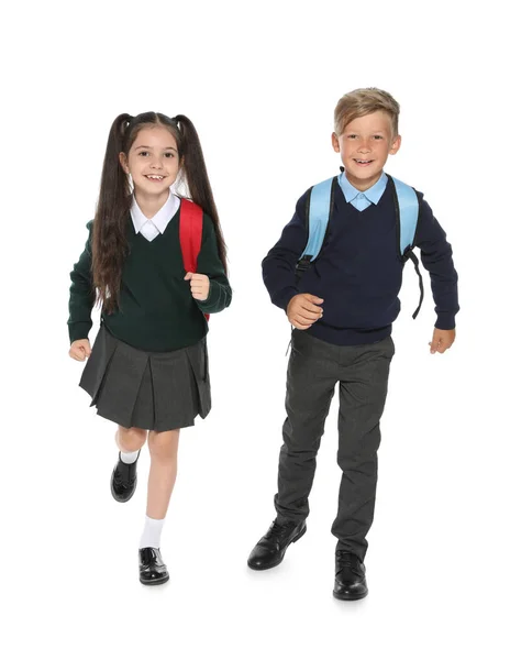 Malé Děti Stylové Školní Uniformu Bílém Pozadí — Stock fotografie