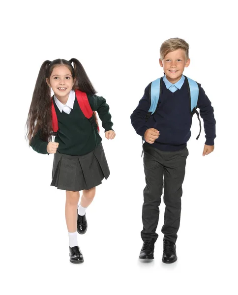 Niños Pequeños Elegante Uniforme Escolar Sobre Fondo Blanco —  Fotos de Stock